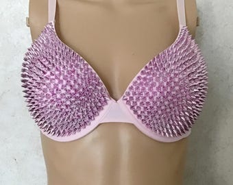 38B Pink Studded Bra with Pink Rivet Spikes, Biker Festival Outfit