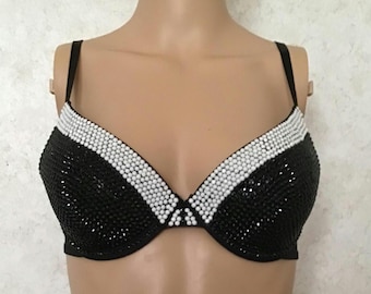 Tuxedo Style Bling Bra, White and Black Rhinestone Bra Top