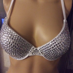 Rhinestone Encrusted Criss Cross White Convertible Bra, Bling Bustier, Crystal Bra