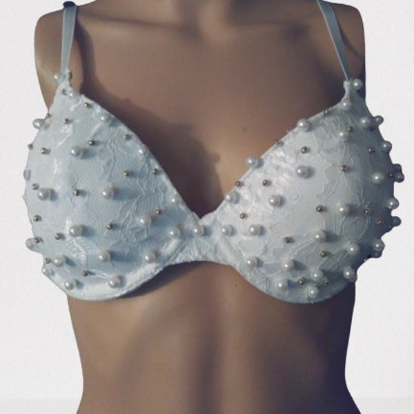 White Pearl Bra, White Rave Bra, Beaded Bra, White Pearl Top, White Lace Bra, Love Gift, White Bustier, Pearl Lingerie, Beaded Bustier