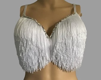 White Fringe Bra Top, Diamond Fringe Bra, White Carnival Bra, Festival White Bra Top Women, White Tassel Bra, Burlesque Top, Fringe Bralette