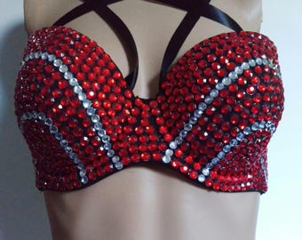 Red and Crystal Rhinestone Criss Cross Straps Bling Black Bustier