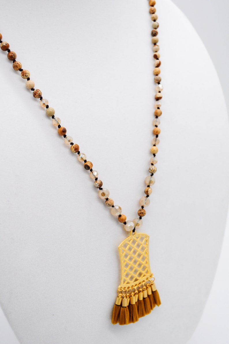 Mala Style Gemstone Necklace Tassel Pendant Necklace Jasper Gemstone Necklace Gemstone Necklace
