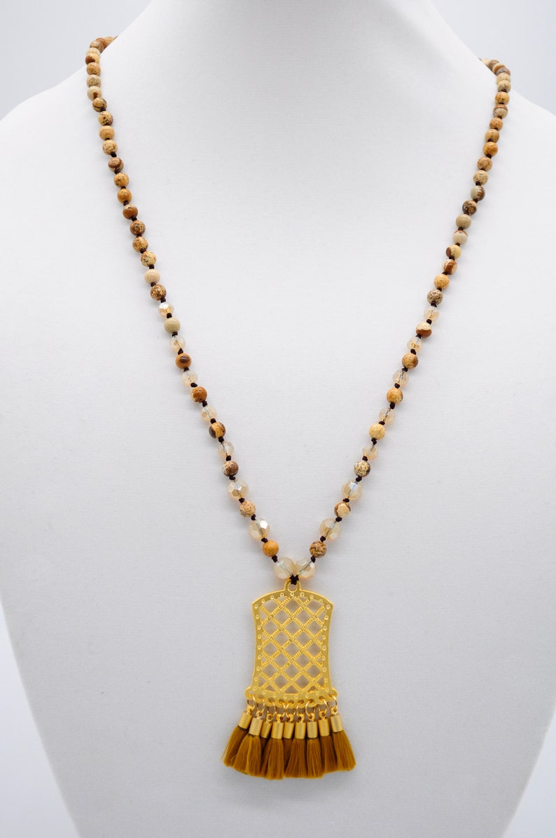 Mala Style Gemstone Necklace Tassel Pendant Necklace Jasper Gemstone Necklace Gemstone Necklace