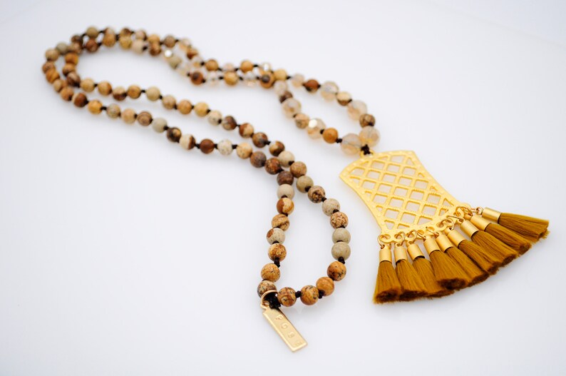 Mala Style Gemstone Necklace Tassel Pendant Necklace Jasper Gemstone Necklace Gemstone Necklace