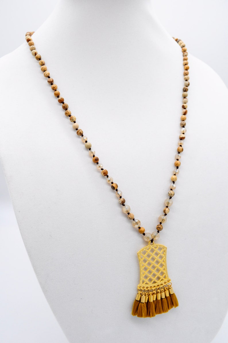 Mala Style Gemstone Necklace Tassel Pendant Necklace Jasper Gemstone Necklace Gemstone Necklace