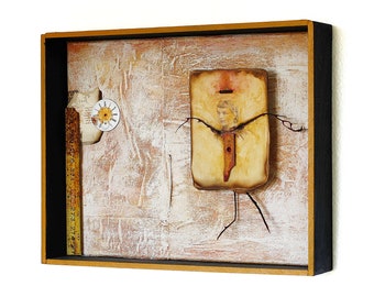 Assemblage Art Box in canvas, Mixed Media Wall Art, Recycled Assemblage, Shadow box art, Surreal Art, Found Objects Artwork, Mixed Media