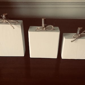 May include: Three white wooden pumpkins with twine bows and twig stems. The pumpkins are arranged in a row from largest to smallest.