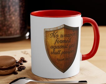 Taza de café con versículo bíblico inspirador de Isaías 54:17, taza de cerámica