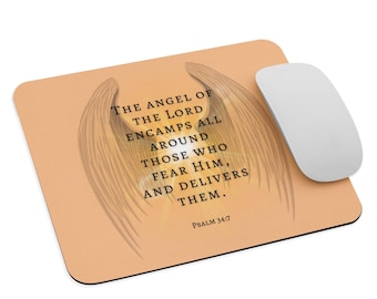 Alfombrilla de ratón con versículo bíblico de alas de ángel, Salmo 34:7, regalo tecnológico cristiano