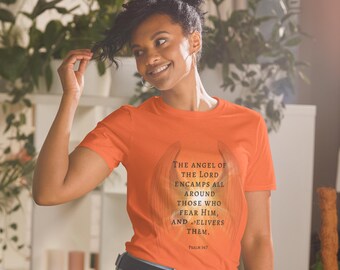 Camiseta unisex de manga corta con versículo bíblico, Salmo 34:7