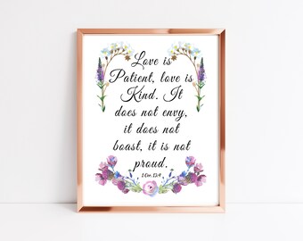 El amor es paciente. Impresión floral con versículo bíblico (Descarga digital)