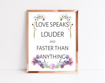 Lámina con la frase cristiana "El amor habla más fuerte", arte mural (descarga digital)