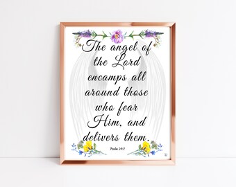 Salmo 34:7 Lámina de ángel, Arte mural cristiano (Descarga digital)