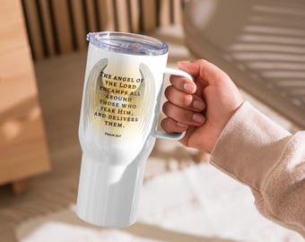 Taza de viaje con versículo bíblico de alas de ángel (25 oz), taza de café cristiana, regalo inspirador de Isaías 34:7