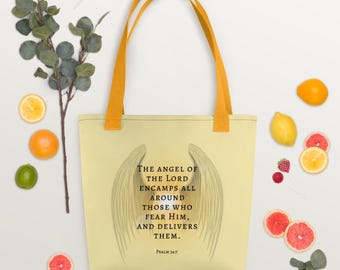 Bolsa de mano con alas de ángel, versículo bíblico del Salmo 34:7, bolsa de regalo cristiana