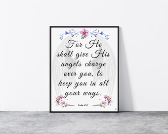 Salmo 91:11 Arte de pared, Impresión de las Escrituras Cristianas (Descarga digital)