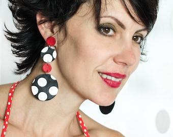 Large unique black white red polka dot multi-disc earrings, Impressive polka dot hypoallergenic leather earrings, Cool statement earrings