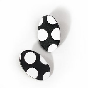 Polka dot leather earrings Oval b&w stud earrings Oval polka dot handmade earring Hypoallergenic repurposed black and white stud earrings image 2