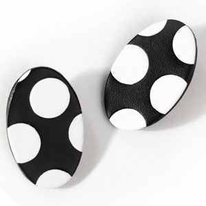 Polka dot leather earrings Oval b&w stud earrings Oval polka dot handmade earring Hypoallergenic repurposed black and white stud earrings image 3