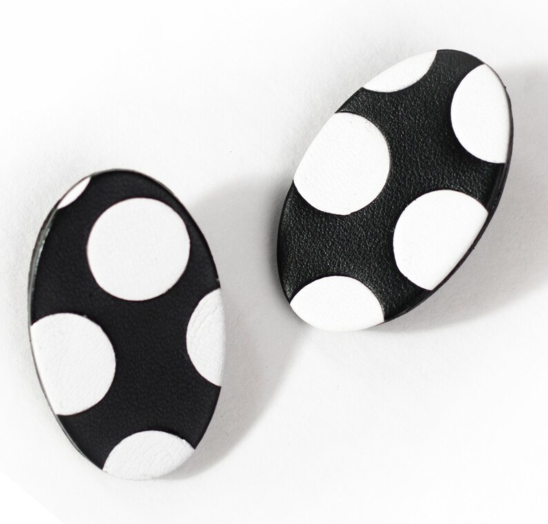 Polka dot leather earrings Oval b&w stud earrings Oval polka dot handmade earring Hypoallergenic repurposed black and white stud earrings image 3