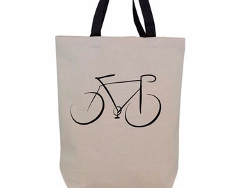 May include: A beige canvas tote bag with black handles and a black line drawing of a bicycle on the front.