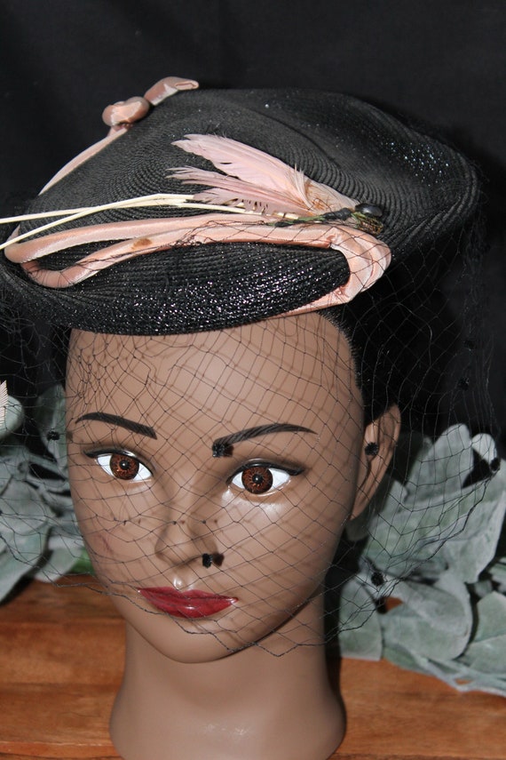 Vintage MCM Fashion Hat, Black with Peach/Pink Fea