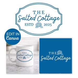 Può includere: Una tazza bianca con il testo blu "The Salted Cottage ESTD 2025" e un logo blu. L'immagine include anche un quadrato blu con lo stesso logo e testo. È presente anche un cerchio blu con "Edit in Canva".