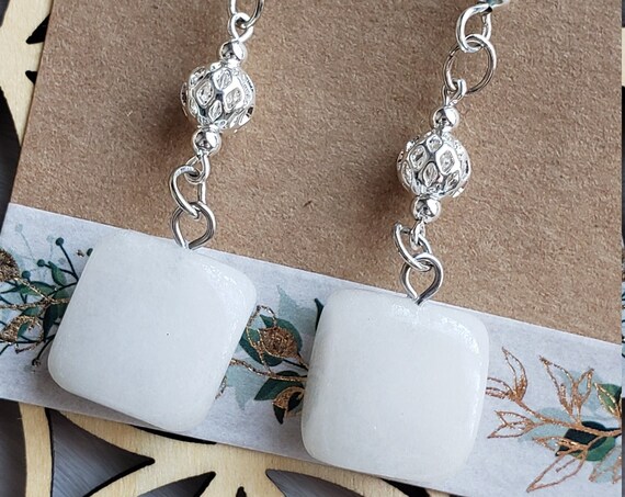 White Jade Dangle Earrings with Sterling Silver Plated Metal