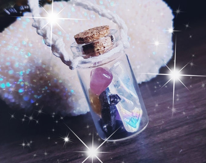 Fairy Wishing Bottle with Crystals on Braided Hemp Cord