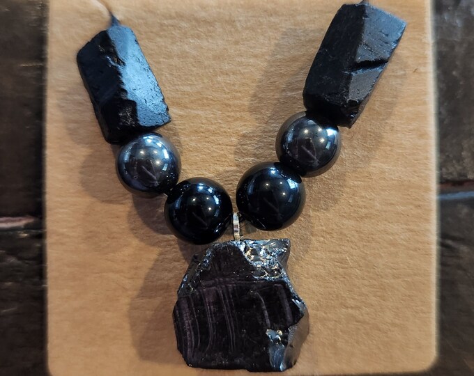 Crystal Protection Necklace on Hemp Cord  - Elite Shungite, Obsidian, Hematite, Black Tourmaline - EMF Protection - Protection for Empaths