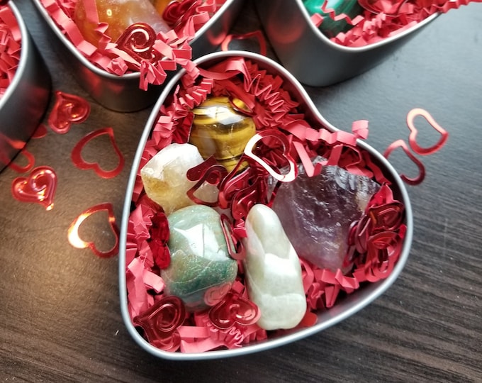 Valentine's Day Crystal Giftset in Heart Shaped Tin Valentines Crystal Gemstone Set