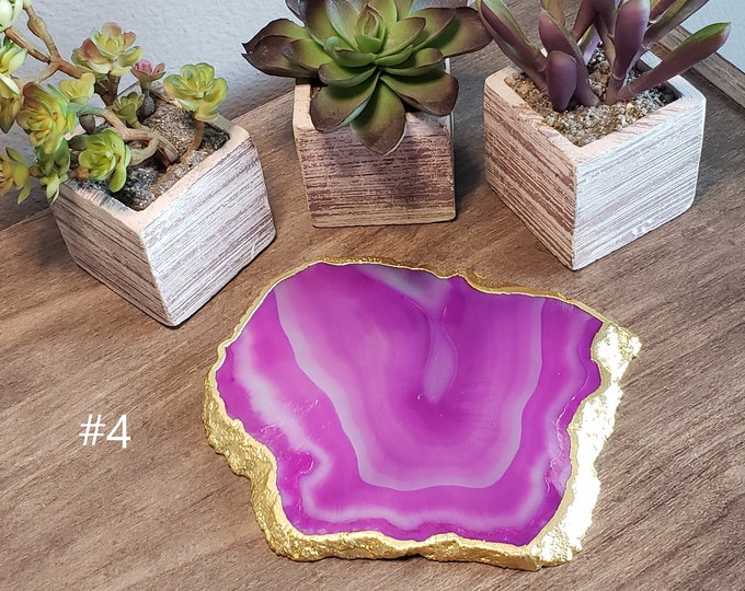 Gold Plated Pink Agate Slice Coaster - Natural Shape - Pick Your Item