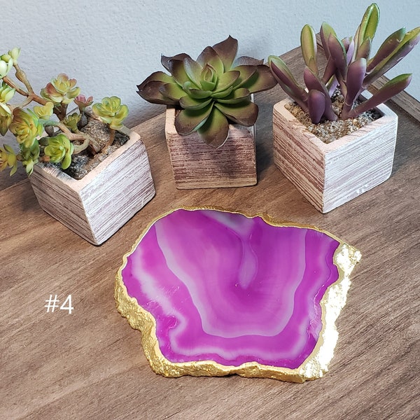Gold Plated Pink Agate Slice Coaster - Natural Shape - Pick Your Item