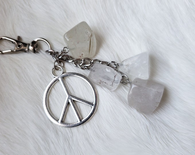 Peace Sign Crystal Keychain - Handmade Clip on Keychain