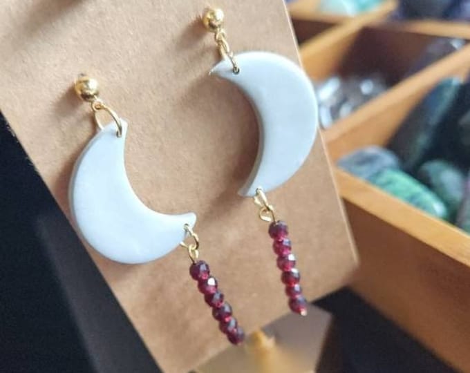 Handcrafted Red Garnet Gemstone and Hand Cut Clay Moon Dangle Earrings with Gold Metal Findings