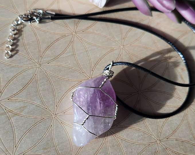 Amethyst Wire Wrapped Gemstone Pendant with Silver Colored Wire on Black Cord