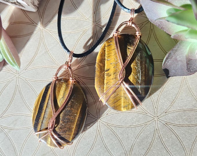 Tigers Eye Wire Wrapped Gemstone Pendant Copper Wire on Black Cord Tiger's Eye Necklace