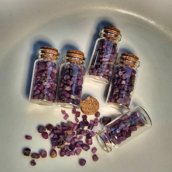 Purple Sapphire Gemstone in Tiny Glass Jar with Cork