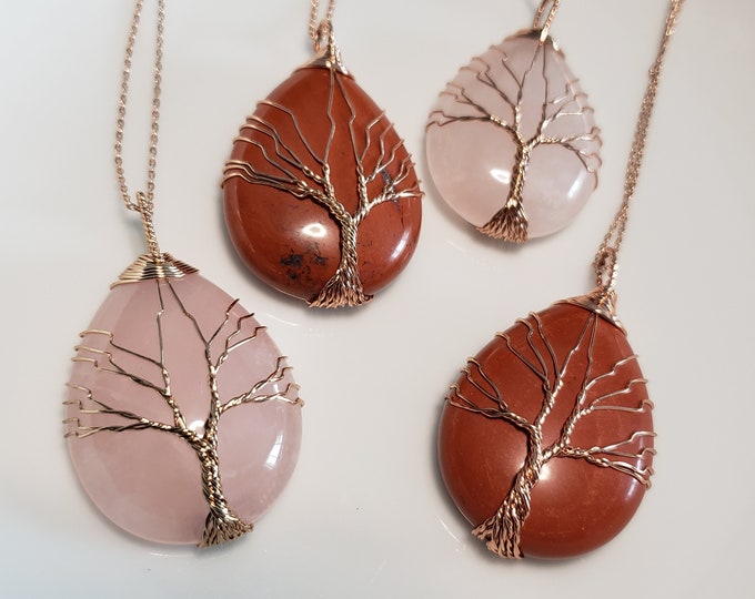 Tree of Life Wire Wrapped Drop Pendant - Rose Gold Rose Quartz Red Jasper