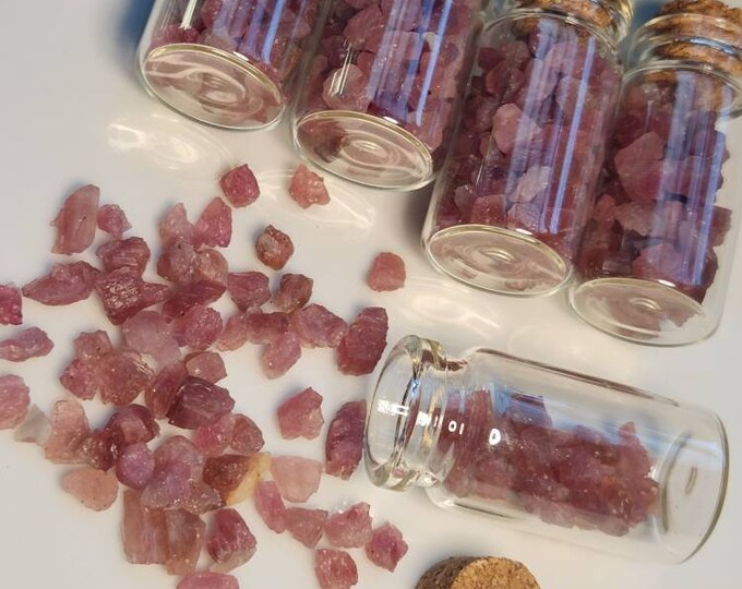 Pink Tourmaline Gemstone in Tiny Glass Jar with Cork