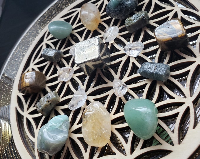 Money Magick - Manifest Prosperity & Abundance - Crystals with Wooden Flower of Life Grid