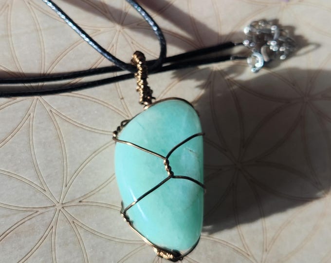 Green Aventurine Wire Wrapped Gemstone Pendant with Bronze Colored Wire on Black Cord
