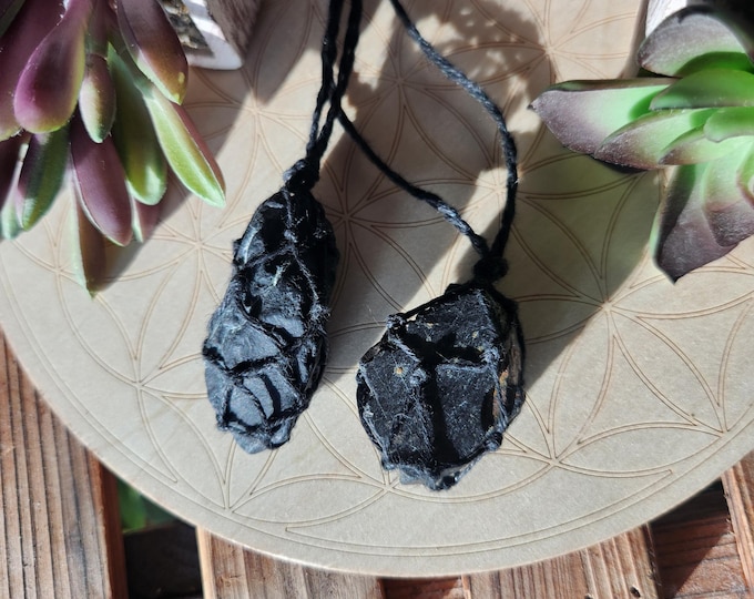 Petrovsky Shungite hemp cord wrapped stone pendant on adjustable hemp cord necklace