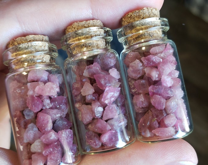 Pink Tourmaline Gemstone in Tiny Glass Jar with Cork