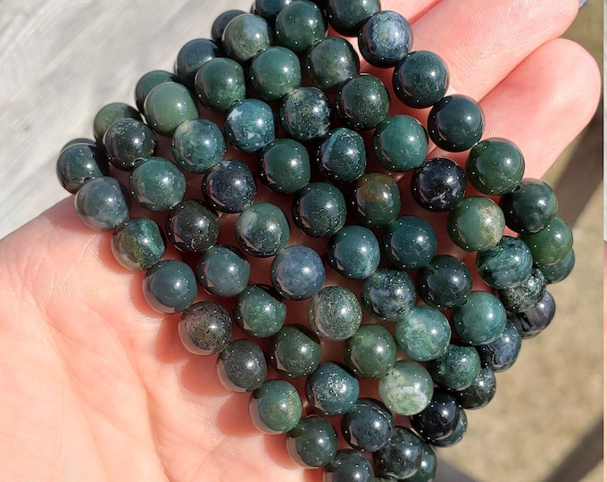 Moss Agate Beaded Bracelet - Natural Moss Agate Stretchy Bracelet