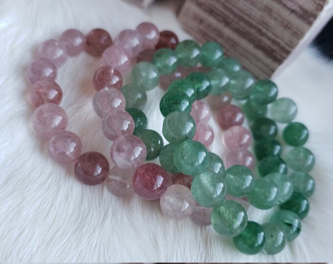 Abundance - Green or Pink Strawberry Quartz Stretchy Gemstone Beaded Bracelet - For Smaller Sized Wrist