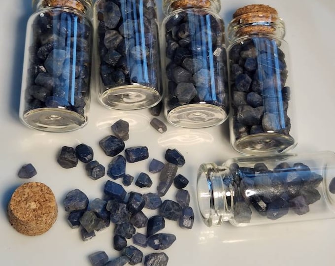 Blue Sapphire Gemstone in Tiny Glass Jar with Cork