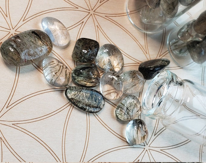 Golden Rutile in Green Quartz - Tiny Tumbles in a Tiny Jar