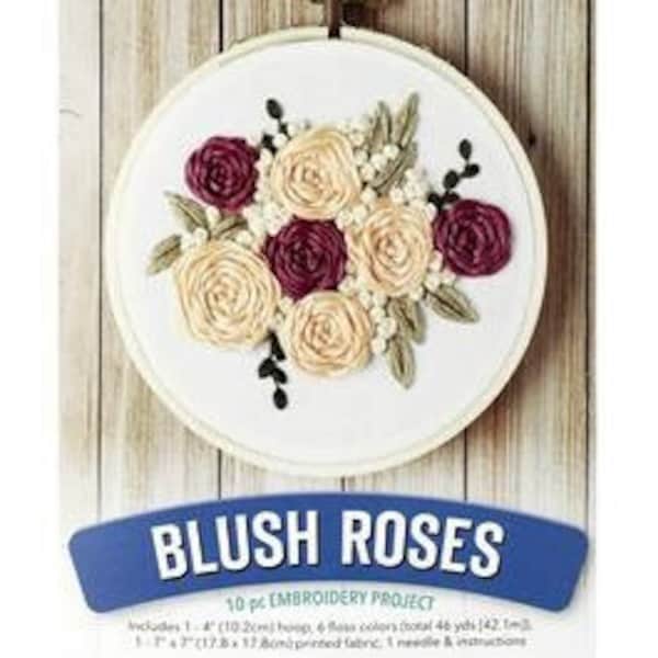 Blush Roses Mini Embroidery Kit by Liesure Arts Burgundy and Cream Roses finished size 4 inches